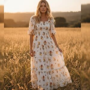 J. Gee Floral Print Maxi Tiered Dress Sz: M